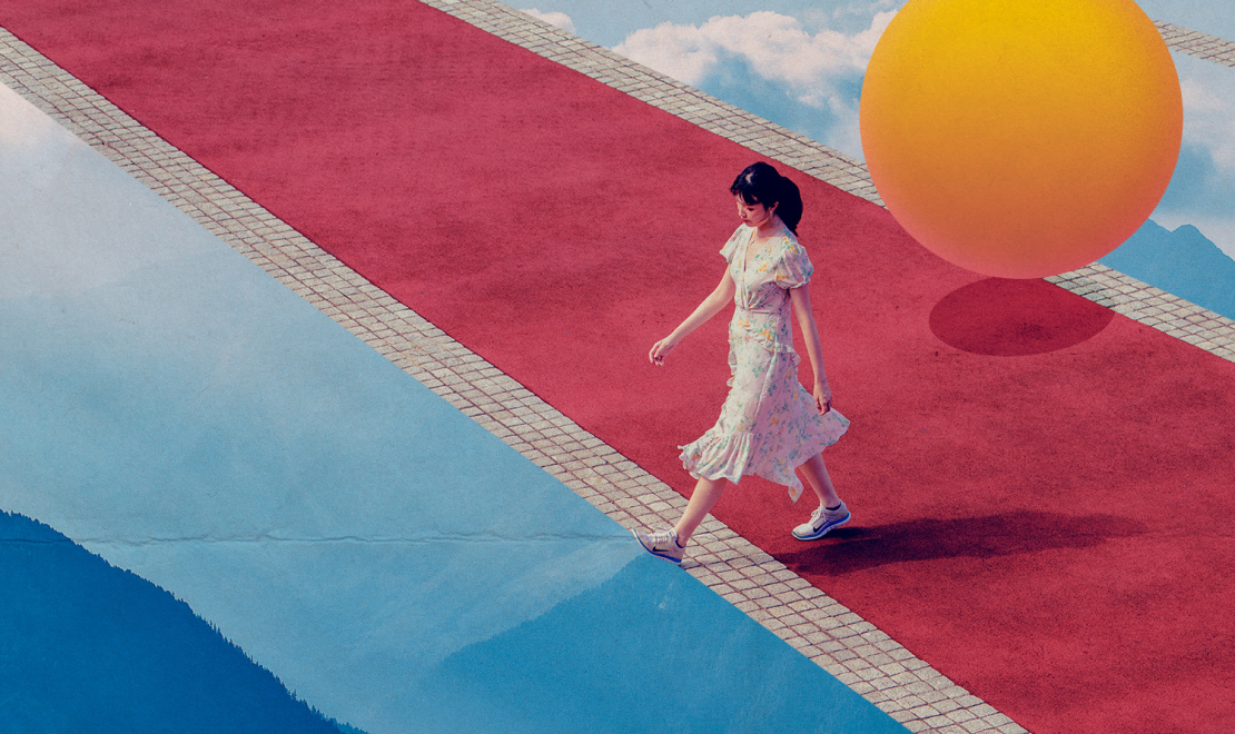 Asian woman walks thrue red carpet in heaven